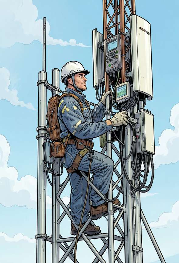 Técnico trabajando en una torre de telecomunicaciones