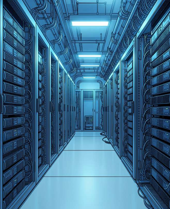 Pasillo de un centro de datos con racks de servidores