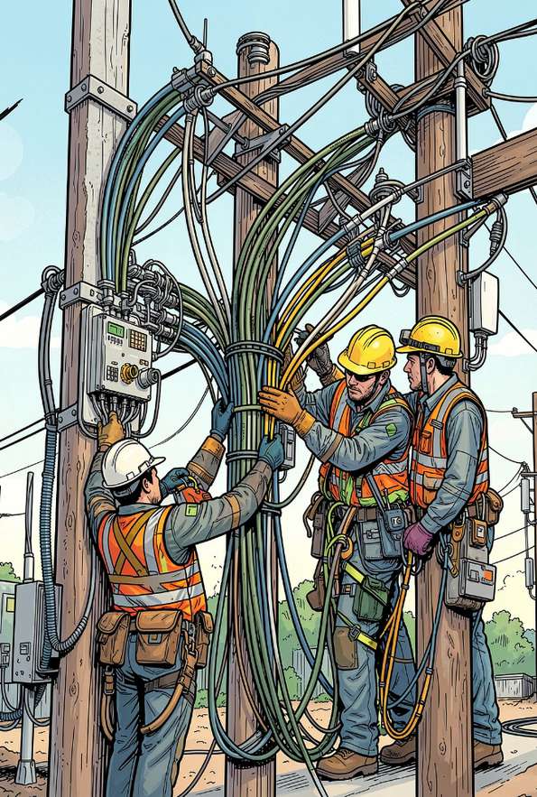 Técnicos trabajando en cables de fibra óptica sobre un poste